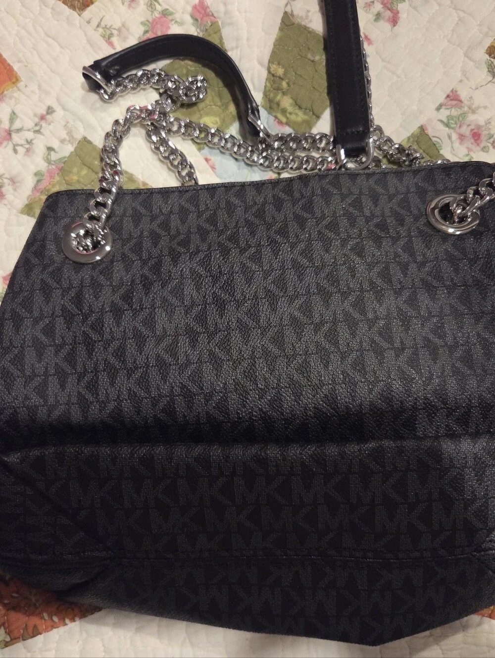 Michael Kors Black Logo Tote with Silver Chain Handles